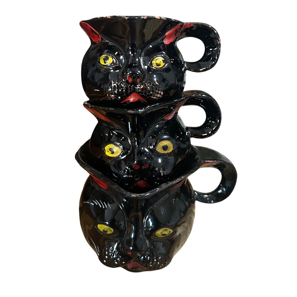 Vintage Shafford Black Cat Measuring Cups Redware Set 7302 Japan 1950s MCM Rare